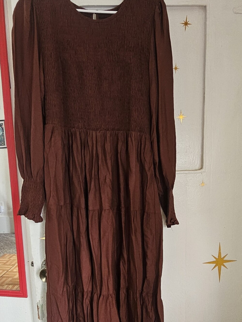 Smocked Bodice Brown Tiered Maxi Dress
